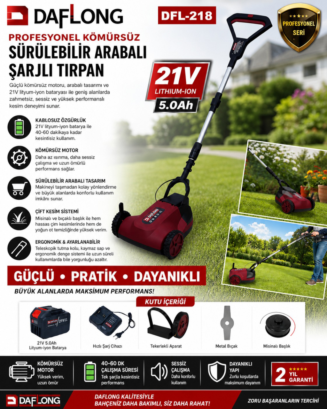 DAFLONG DFL218 Kömürsüz Arabalı Şarjlı Tırpan 21V Çim ve Ot Kesme Makinesi model ve fiyatlar