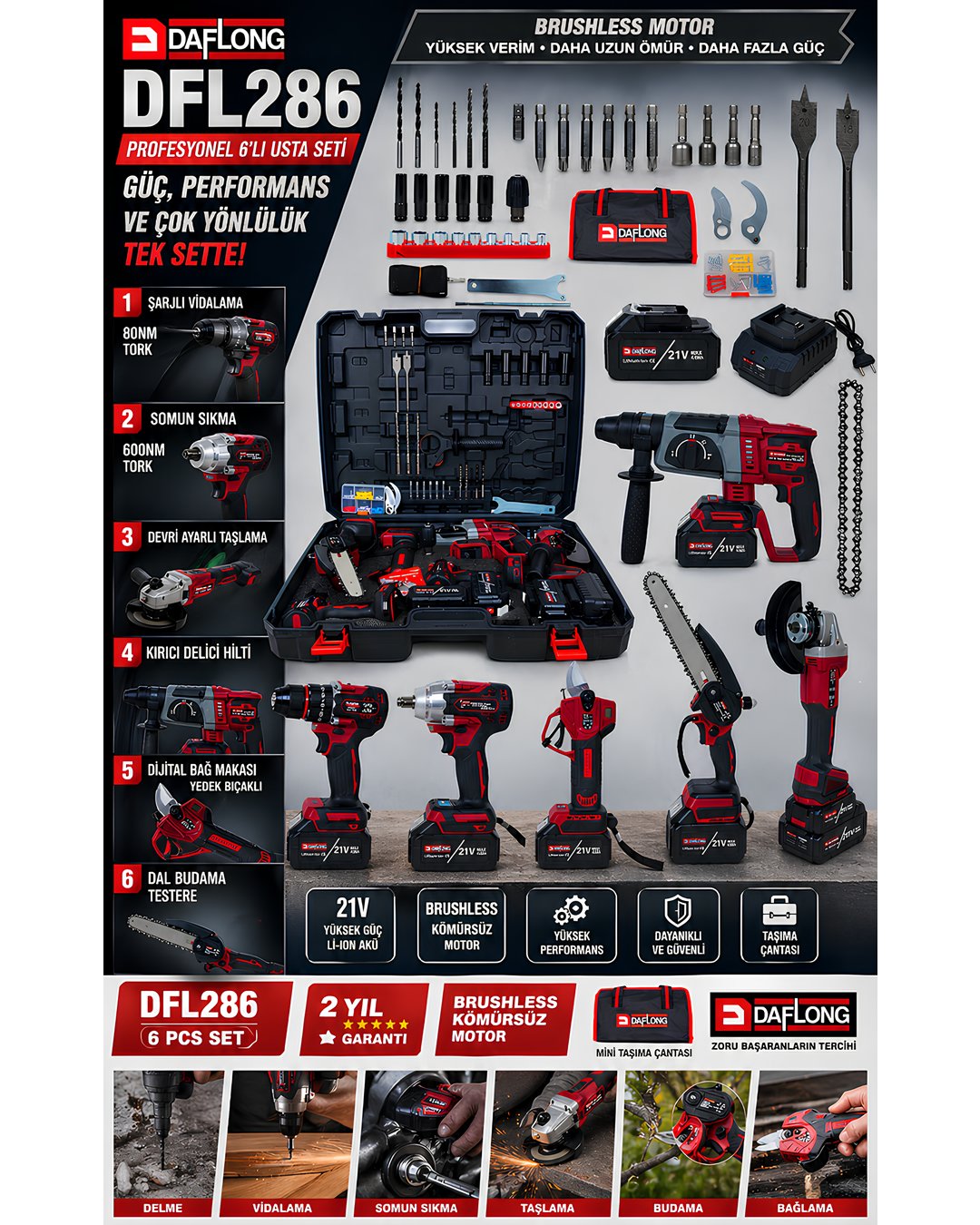 Daflong DFL286 Profesyonel Akülü 6lı Set - 80nm şarjlı vidalama + devir ayarlı taşlama + 600nm torklu somun sıkma + kırıcı delici hilti + dijital bağ makası + dal budama testere model ve fiyatlar