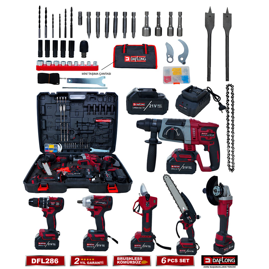 Daflong DFL286 Profesyonel Akülü 6lı Set - 80nm şarjlı vidalama + devir ayarlı taşlama + 600nm torklu somun sıkma + kırıcı delici hilti + dijital bağ makası + dal budama testere