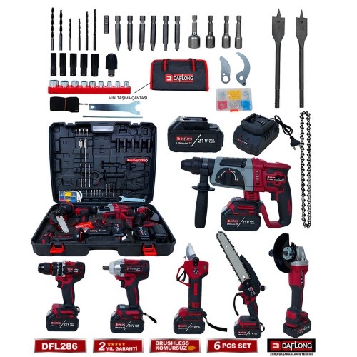 Daflong DFL286 Profesyonel Akülü 6lı Set - 80nm şarjlı vidalama + devir ayarlı taşlama + 600nm torklu somun sıkma + kırıcı delici hilti + dijital bağ makası + dal budama testere