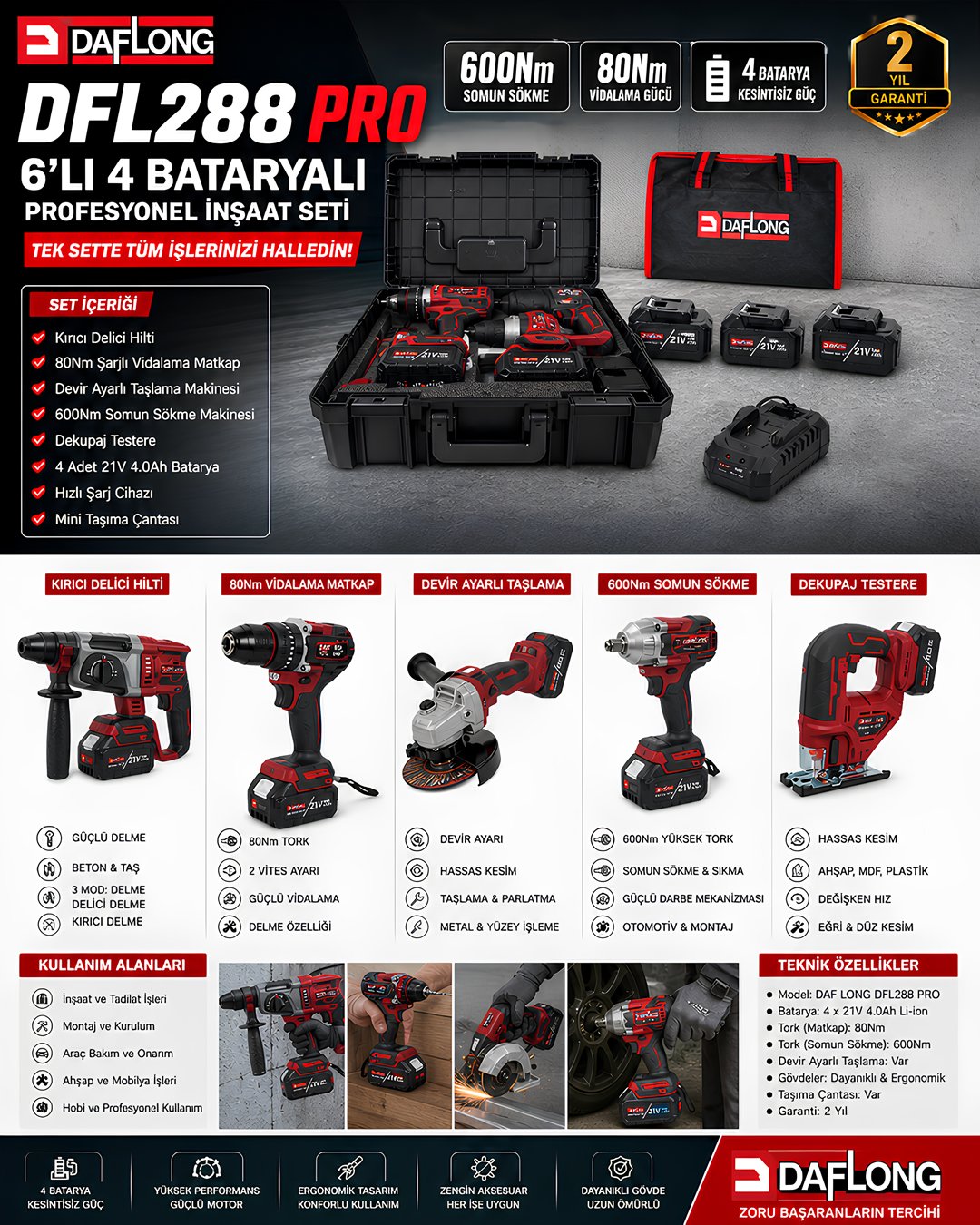 Daflong DFL288 PRO 6lı Set - 4 Bataryalı Taşıma Çantalı model ve fiyatlar