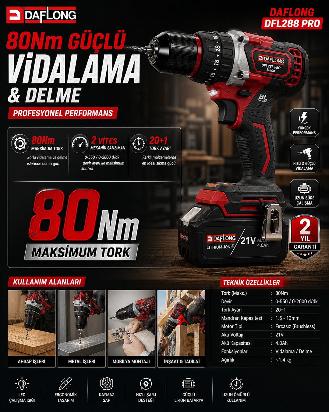 Daflong DFL288 PRO 6lı Set - 4 Bataryalı Taşıma Çantalı matkap özellikleri