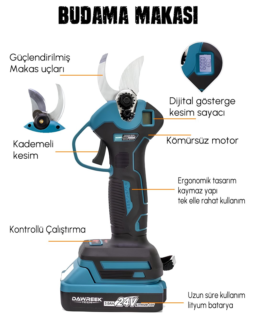 DW BT081 Profesyonel Akülü Kömürsüz 2li Bahçe Seti - 24V 3ah 15cm Budama makası özellikleri