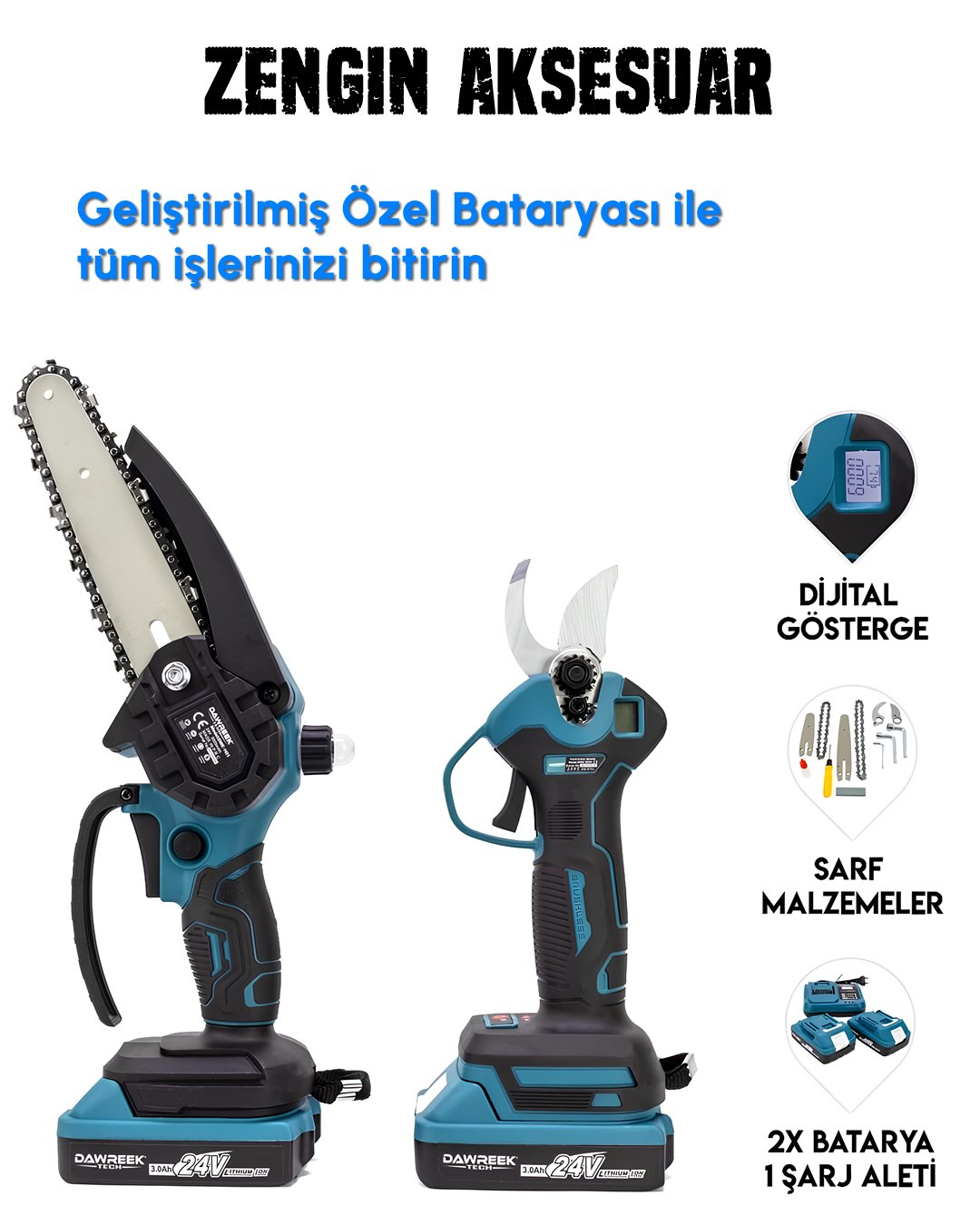 DW BT081 Profesyonel Akülü Kömürsüz 2li Bahçe Seti - 24V 3ah 15cm Budama Testeresi ve Budama Makası Çift Akü Yedek Aksesuar set içeriği