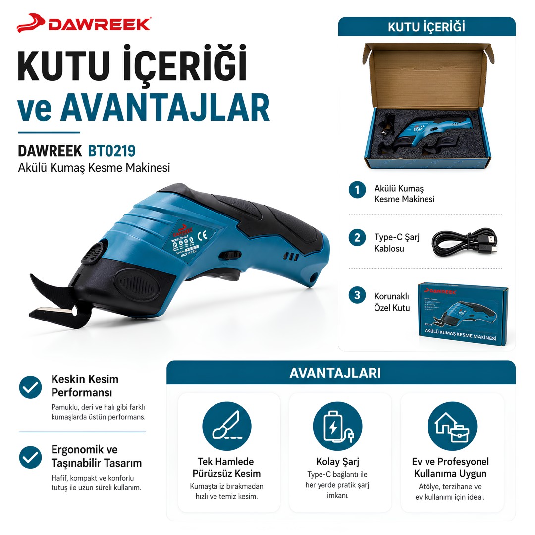 Dawreek BT0219 Akülü Kumaş Kesme Makinesi kutu içeriği