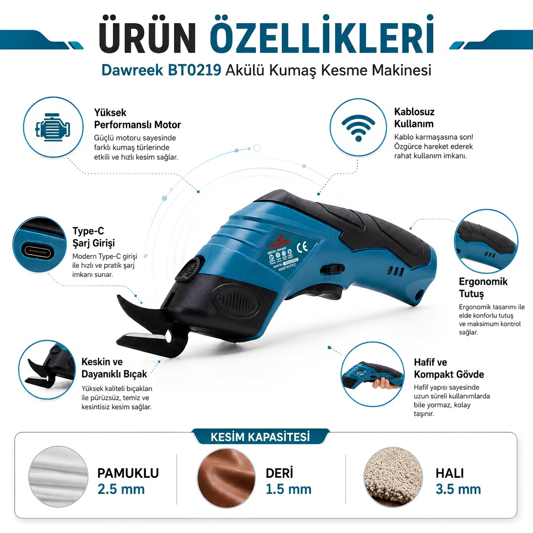 Dawreek BT0219 Akülü Kumaş Kesme Makinesi özellikleri