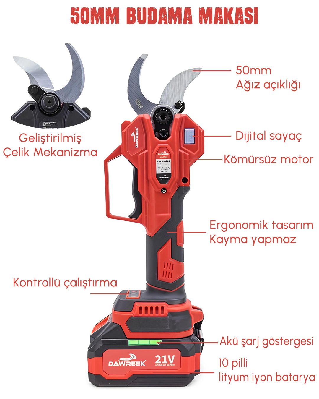 DW BT0228 Profesyonel Akülü Kömürsüz 2li Bağ Seti - 50mm Bağ Makası özellikleri