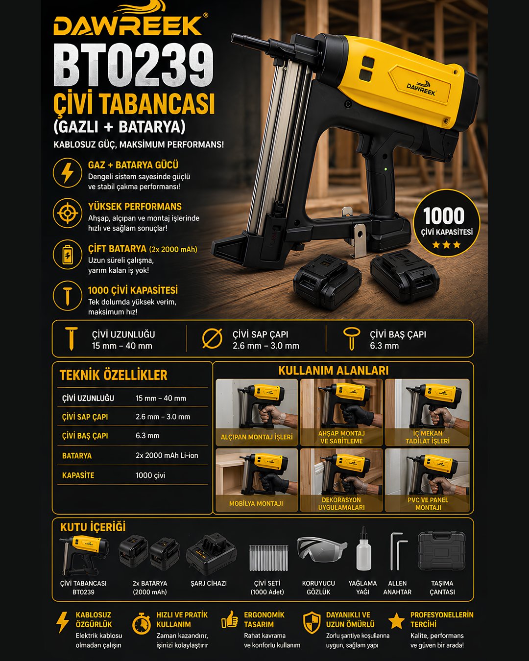 Dawreek BT0239 Şarjlı Gazlı Çivi Tabancası Akülü Profesyonel Özellikler