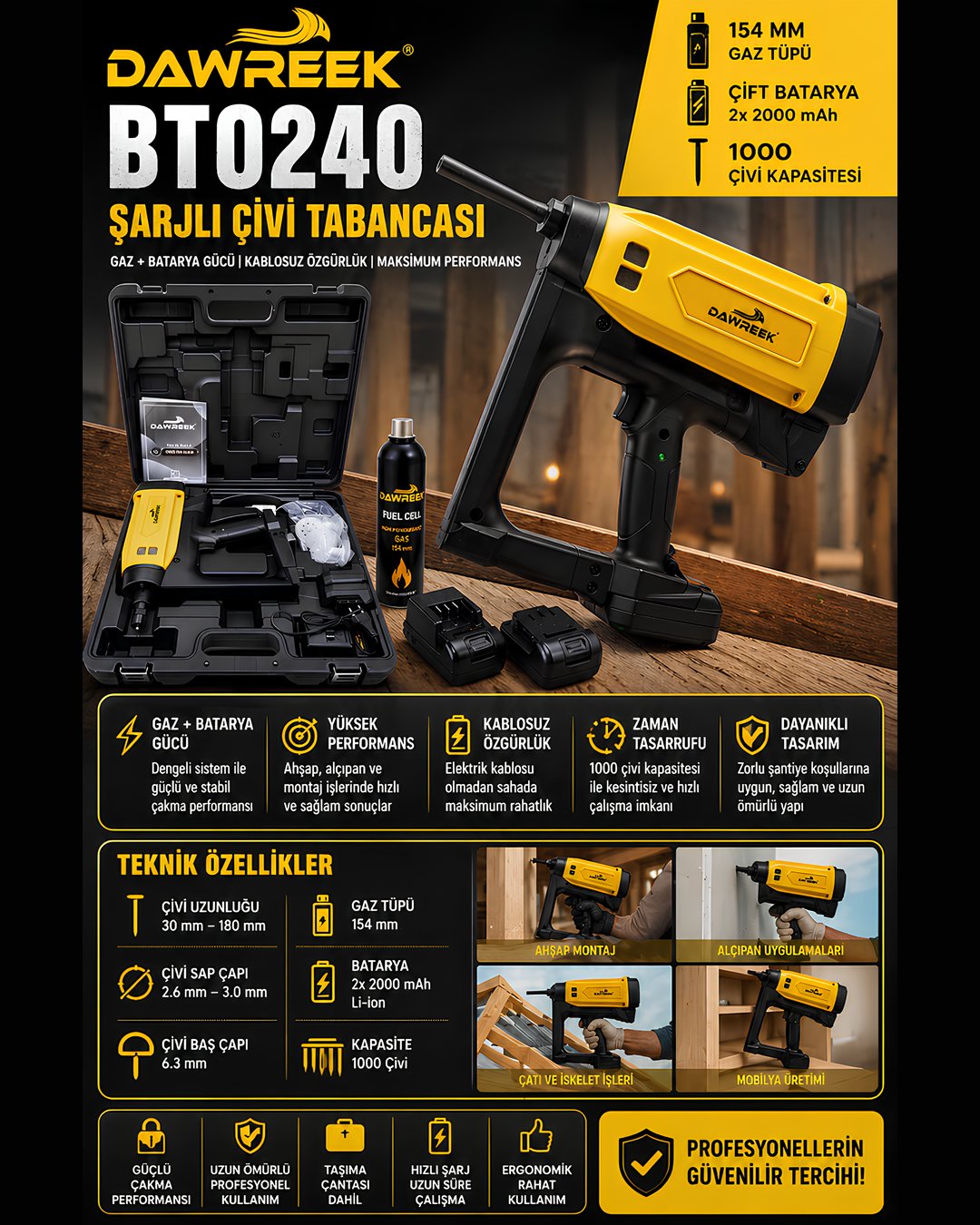 Dawreek BT0240 Şarjlı Çivi Tabancası – Gaz + Batarya Profesyonel Çakma Makinesi 30-180mm Özellikler