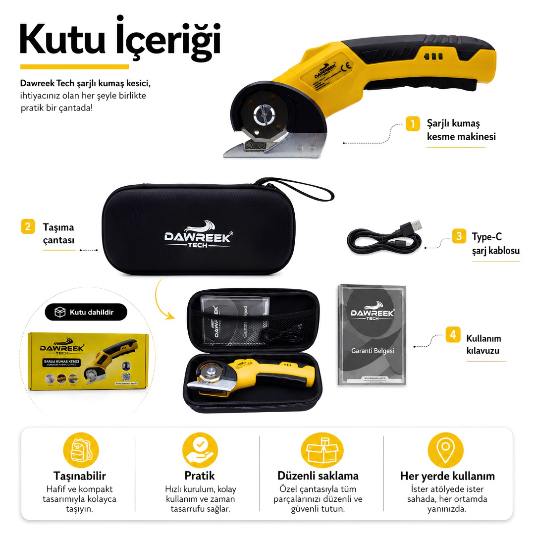 Dawreek NBA115 Şarjlı Kumaş Kesme Makinesi  kutu içeriği
