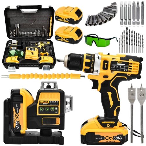 Devolt EEA257 Akülü 58vf Lazer Terazi ve Vidalama Matkap Seti (Sarı)