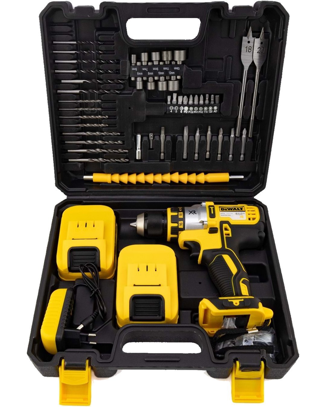 Dewalt EEA337 Xr Darbesiz Çift Batarya 58vf 5ah Şarjlı Matkap Seti kutusu ve içeriği