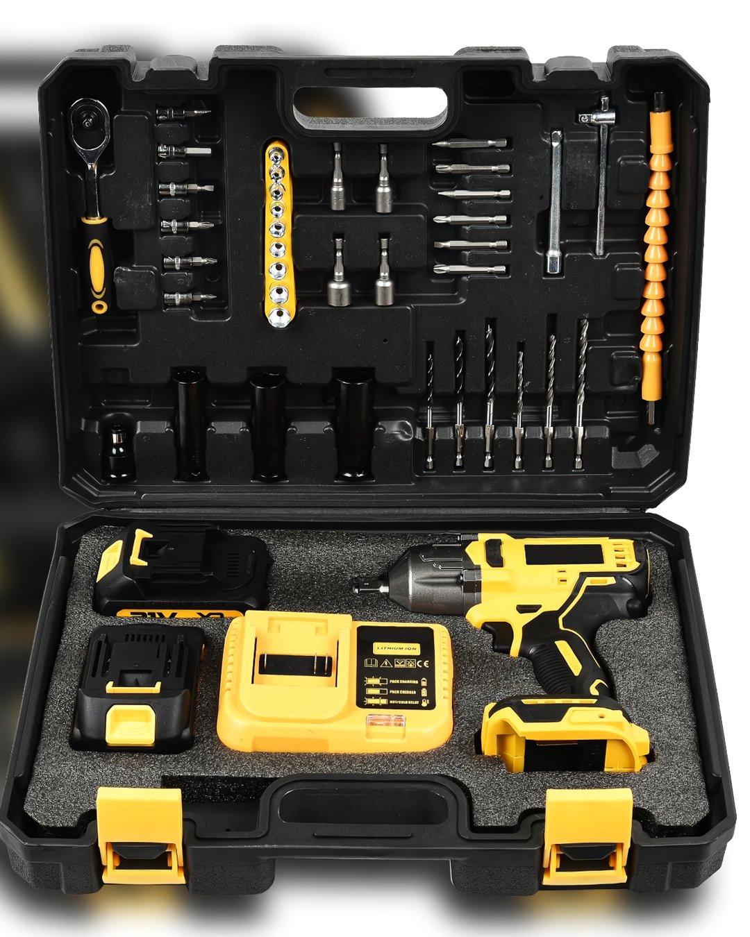 Dewalt EEA345 Kömürsüz Motor 800 Nm Torklu Şarjlı Somun Sıkma Bijon Sökme Seti Sarı Takım Çantası