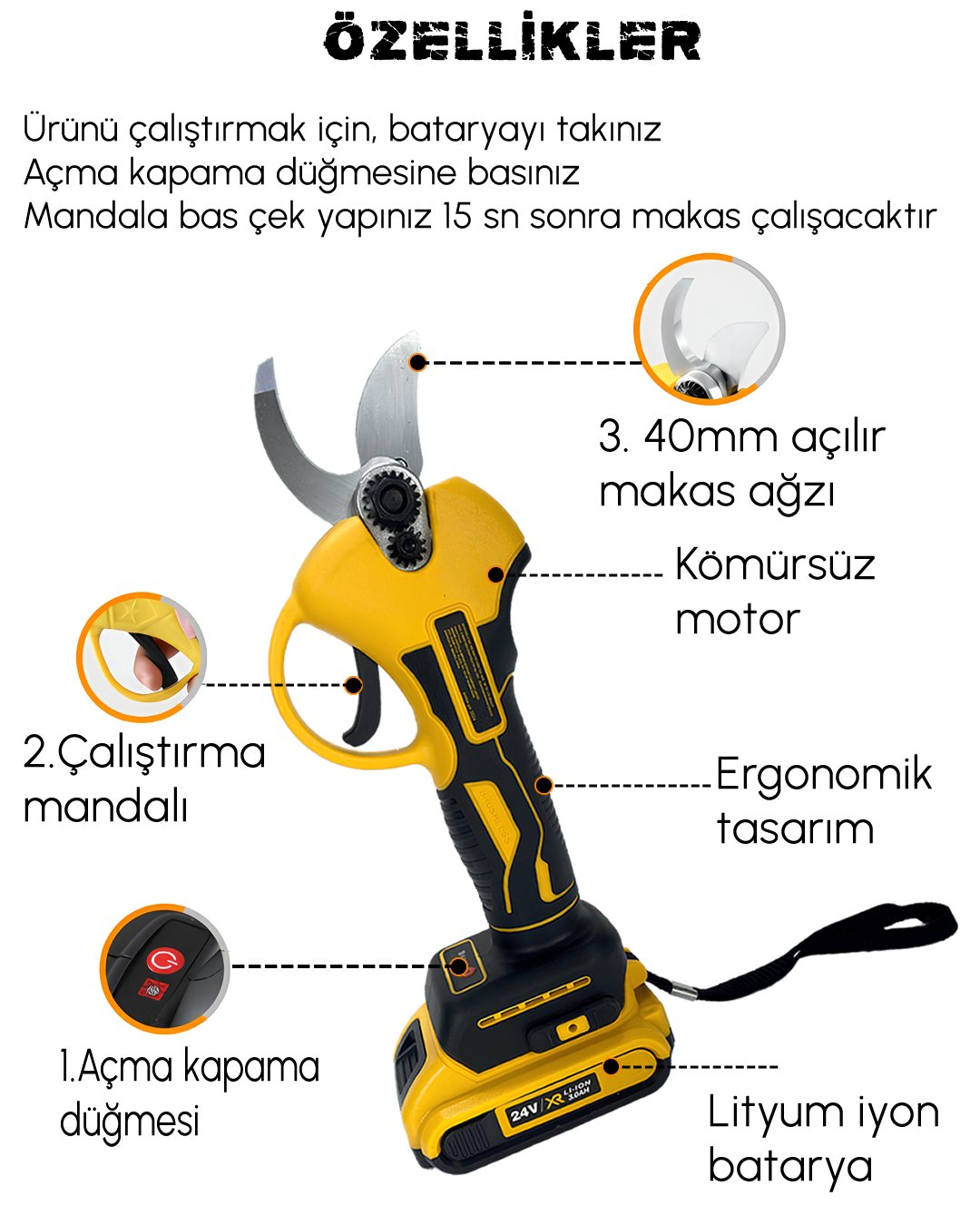 Dewalt Plus EEA387 Akülü Kömürsüz Dal Budama Makası 40mm 24v 5p (Sarı) teknik özellikler