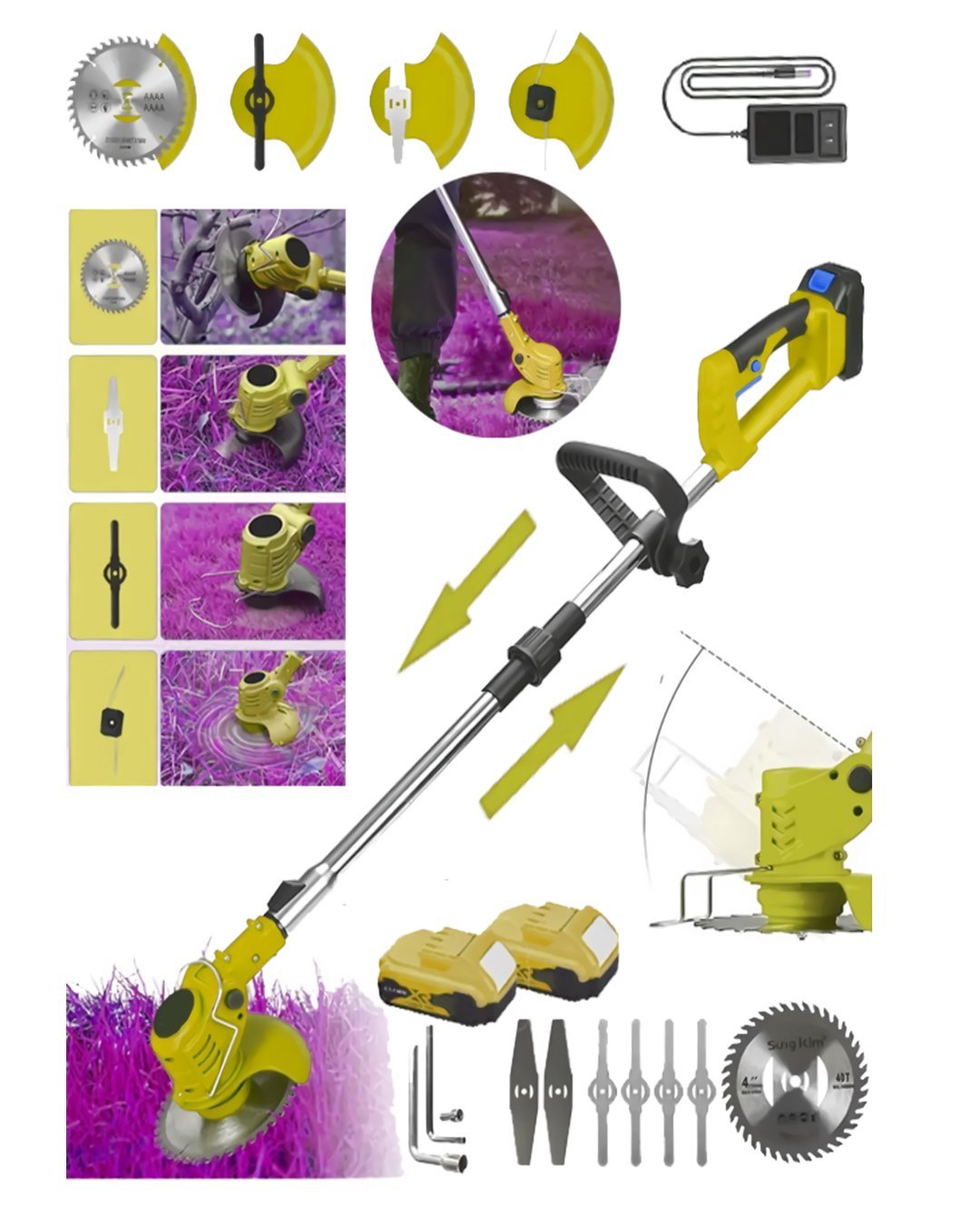 DewaltPlus EEA423 Çift Akülü 58Vf Şarjlı Ot, Dal, Çim Biçme Makinesi (Sarı) tırpan kullanımı