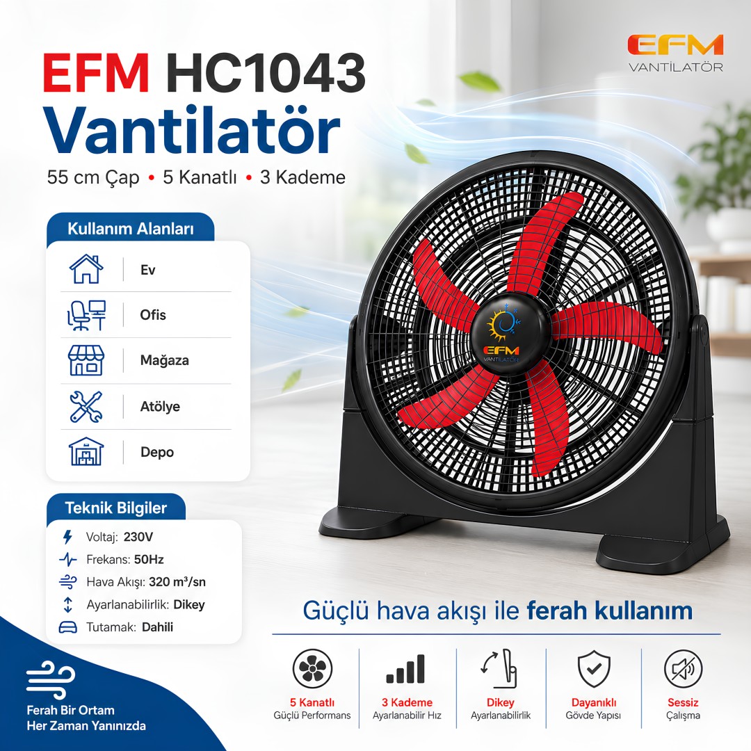 EFM HC1043 55 cm 5 Kanatlı 3 Kademeli Yer Tipi Vantilatör model ve fiyatları
