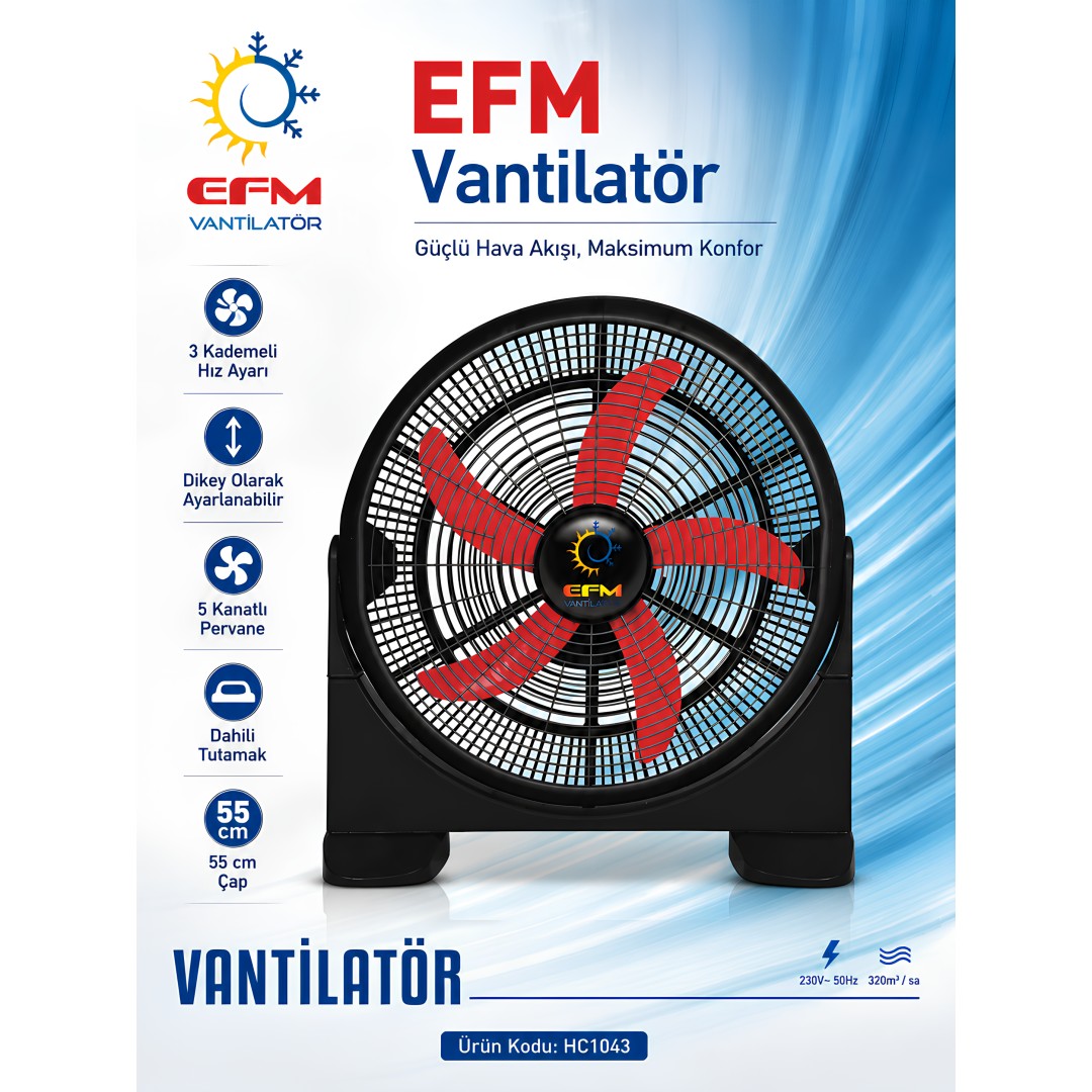 EFM HC1043 55 cm 5 Kanatlı 3 Kademeli Yer Tipi Vantilatör özellikleri