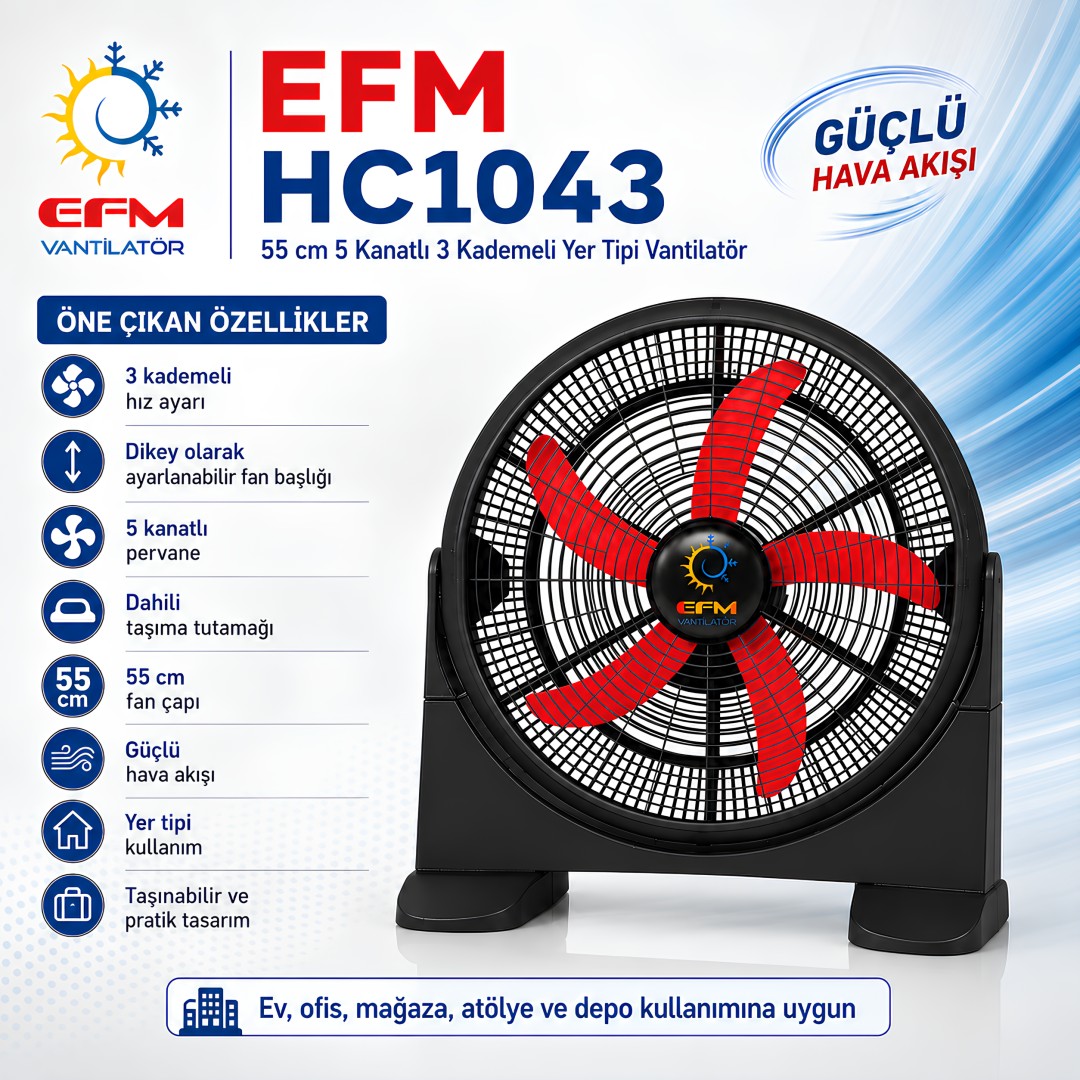 EFM HC1043 55 cm 5 Kanatlı 3 Kademeli Yer Tipi Vantilatör teknik özellikleri