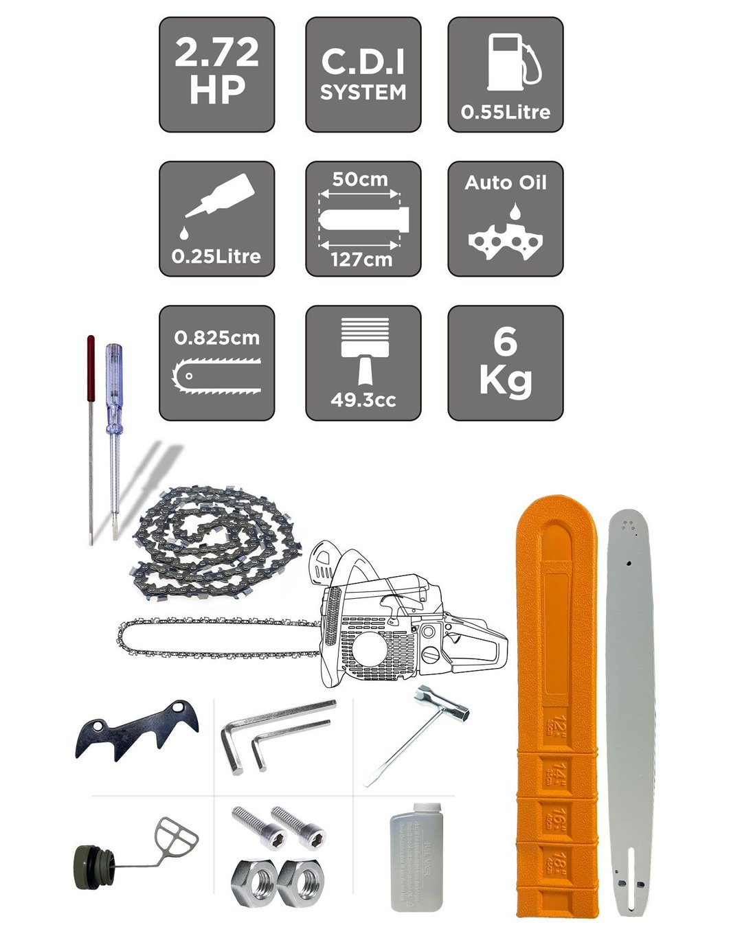 Ekinler EEA074 Ekstra Güçlü 52CC Benzinli Ağaç Odun Dal Kesme Motoru Benzinli Testere Hızar Motoru (Turuncu) aksesuarlar