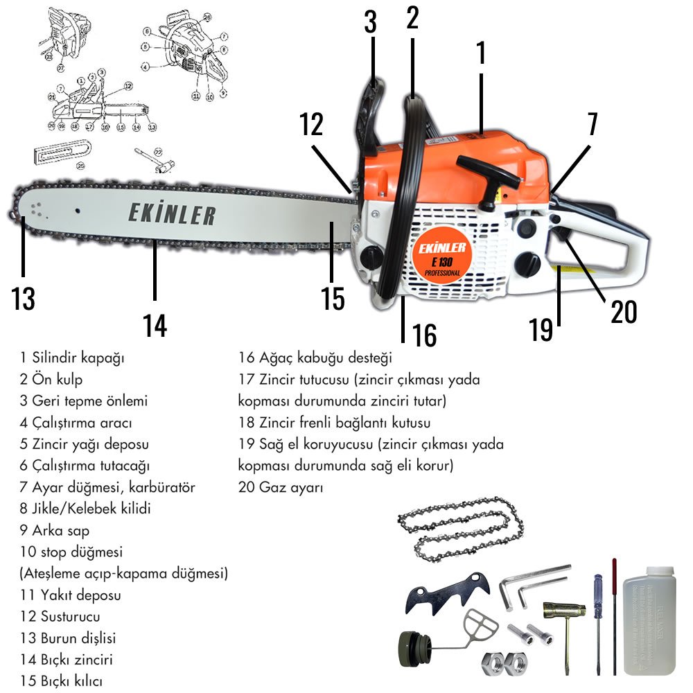 Ekinler EEA074 Ekstra Güçlü 52CC Benzinli Ağaç Odun Dal Kesme Motoru Benzinli Testere Hızar Motoru (Turuncu) özellikleri
