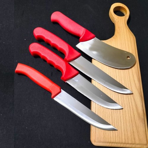Ekinler EEA242 Plastik Kırmızı Saplı Paslanmaz Çelik 4lü Kasap Bıçak Seti