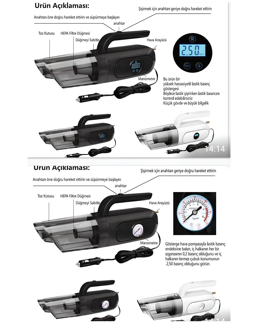Emka 5630 Araç içi Oto Süpürge Lastik Şişirme ürün açıklaması