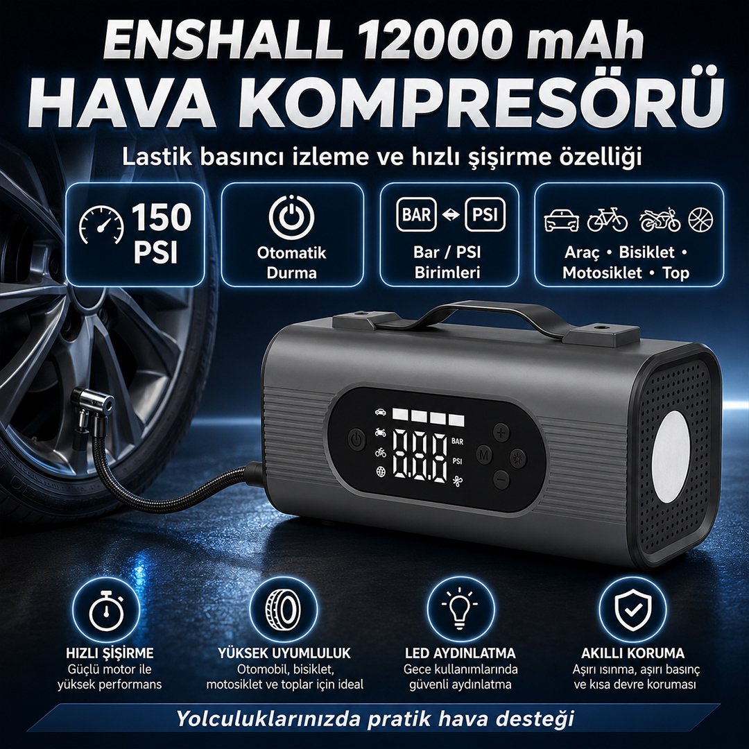 enshall ens001 jump starter hava kompresor ozellikleri ve kullanım alanları