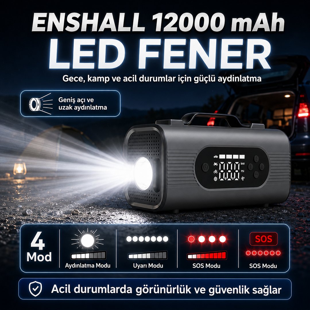 enshall ens001 jump starter led fener aydınlatma alanları ve teknik özellikleri