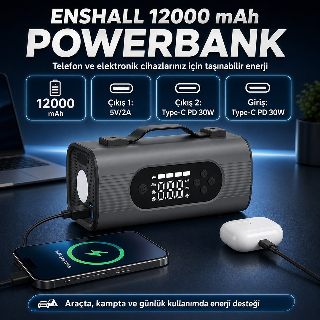 enshall ens001 jump starter powerbank ve kutu icerigi