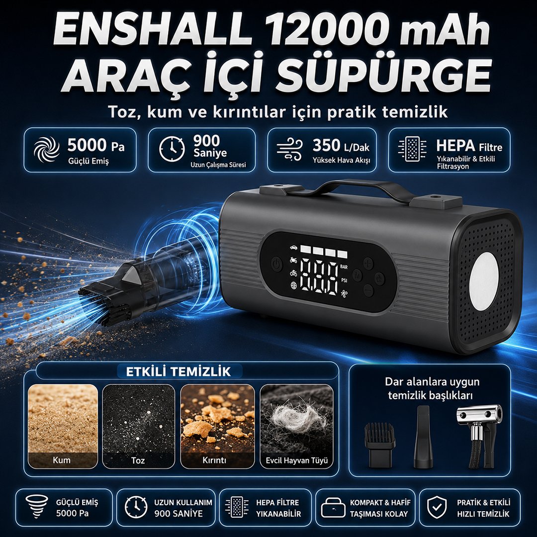 enshall ens001 jump starter arac ici supurge ve detayları