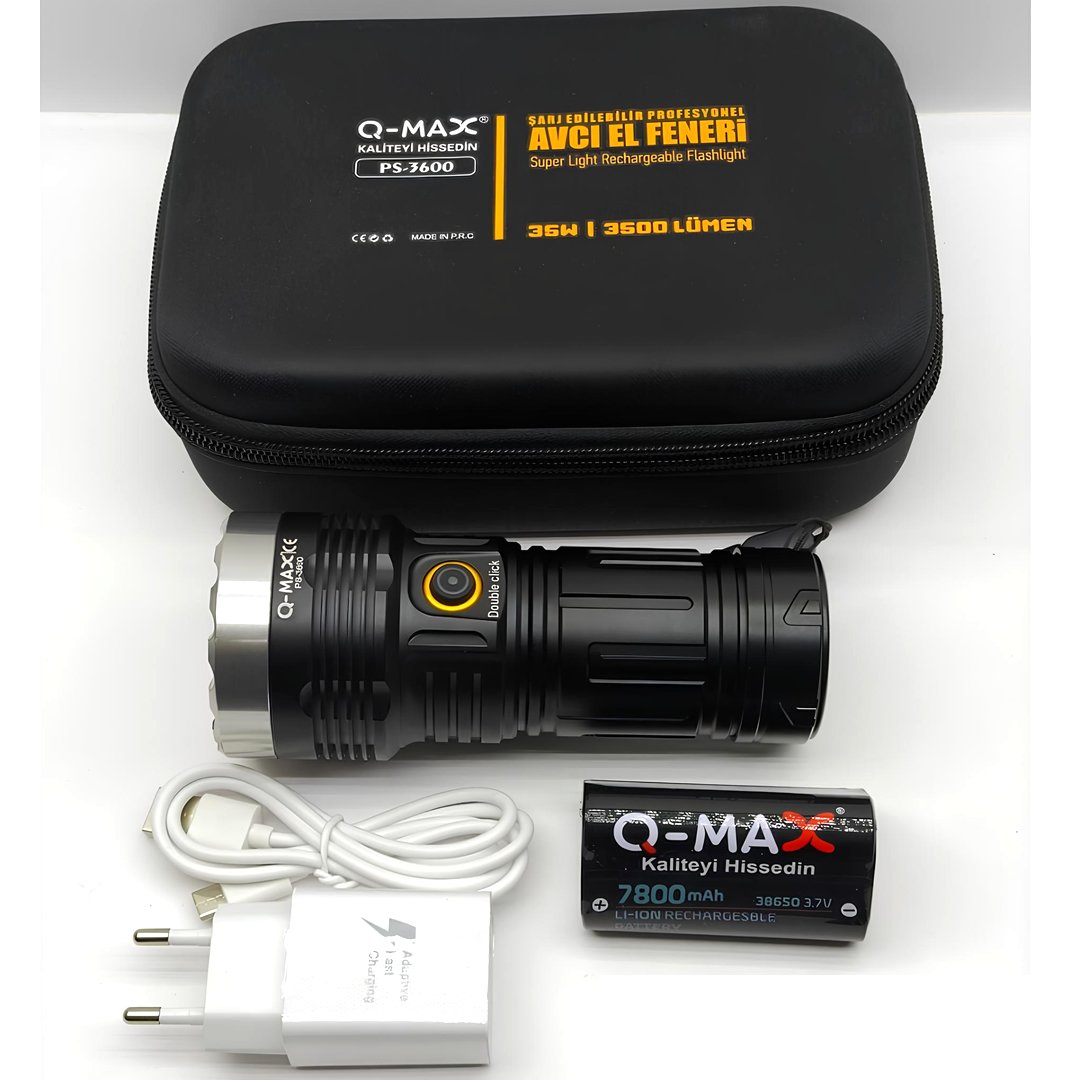Farissu Q-MAX PS3600 Şarjlı Avcı El Feneri 3500 Lümen 7800 mAh Profesyonel Zoomlu Kamp Feneri aksesuarlar