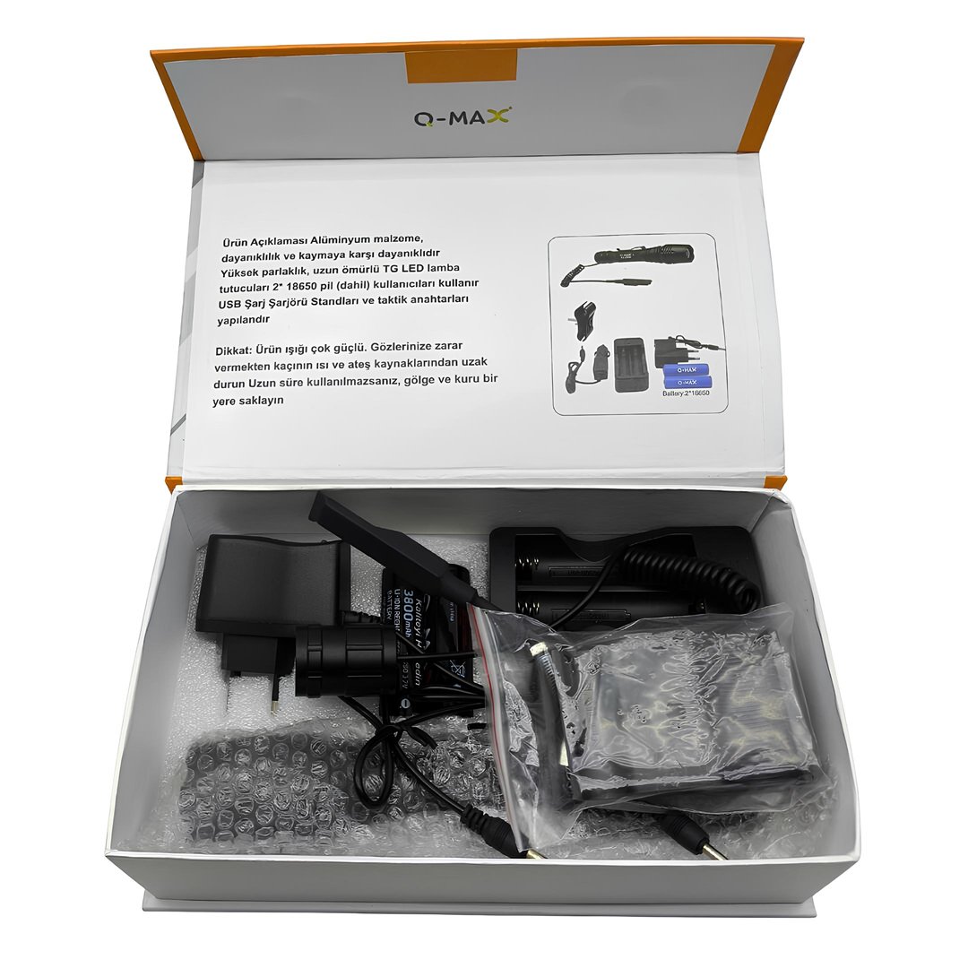 Farissu Q-MAX PS2900 3000 Lümen Şarjlı El Feneri Tüfek Aparatlı Zoomlu Profesyonel Avcı Feneri kutu içeriği