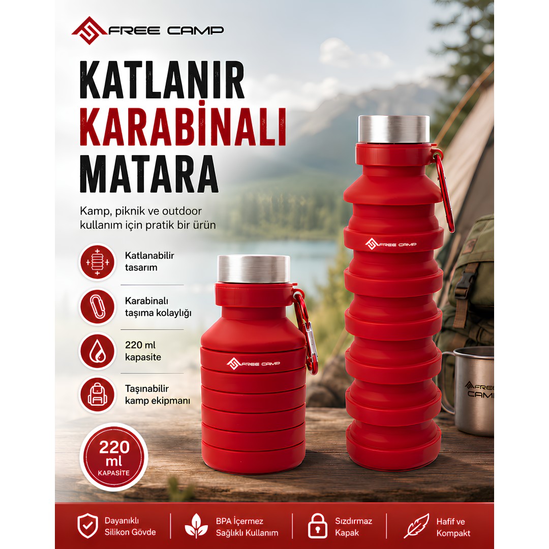 FreeCamp FC-205266-KRM Katlanır Karabinalı Matara 220 ml Kırmızı teknik özellikleri