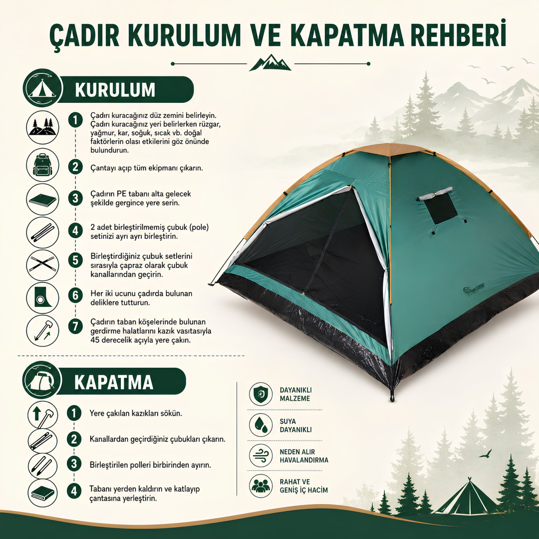 FreeCamp FC-205770-YSL Monodome Plus 4 Kişilik Kamp Çadırı Yeşil detaylar