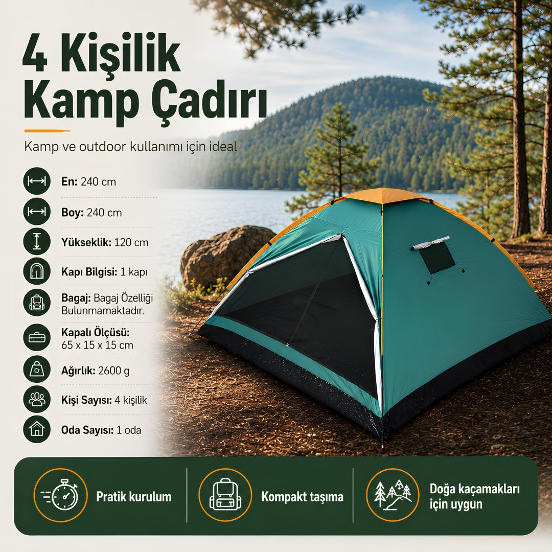 FreeCamp FC-205770-YSL Monodome Plus 4 Kişilik Kamp Çadırı Yeşil özellikleri