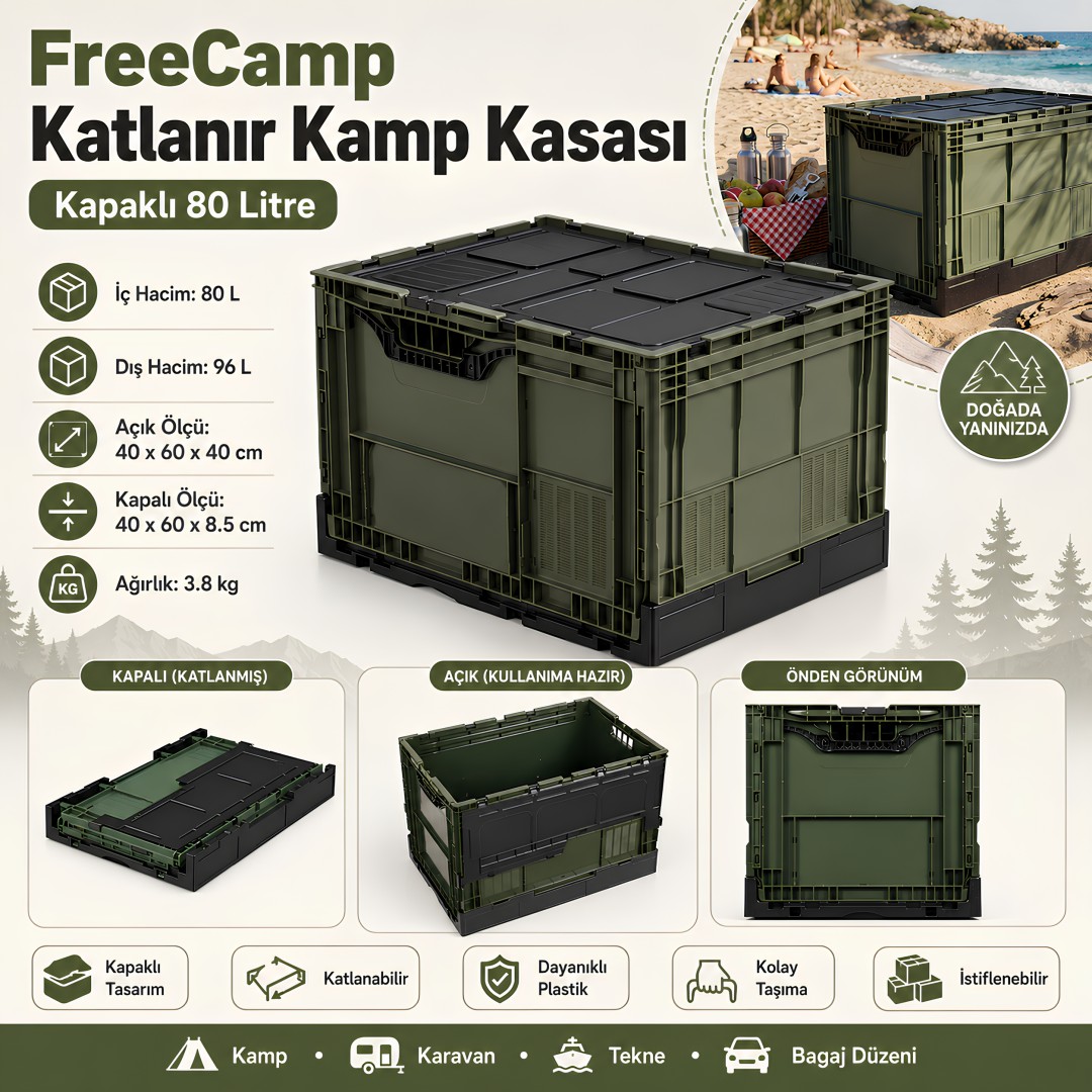 FreeCamp FC-205987-80 Katlanır Kamp Kasası Kapaklı 80 Litre model ve fiyatlar