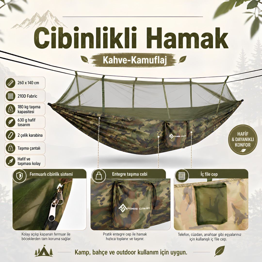 FreeCamp FC-230358 Cibinlikli Hamak Kahve-Kamuflaj teknik özellikleri