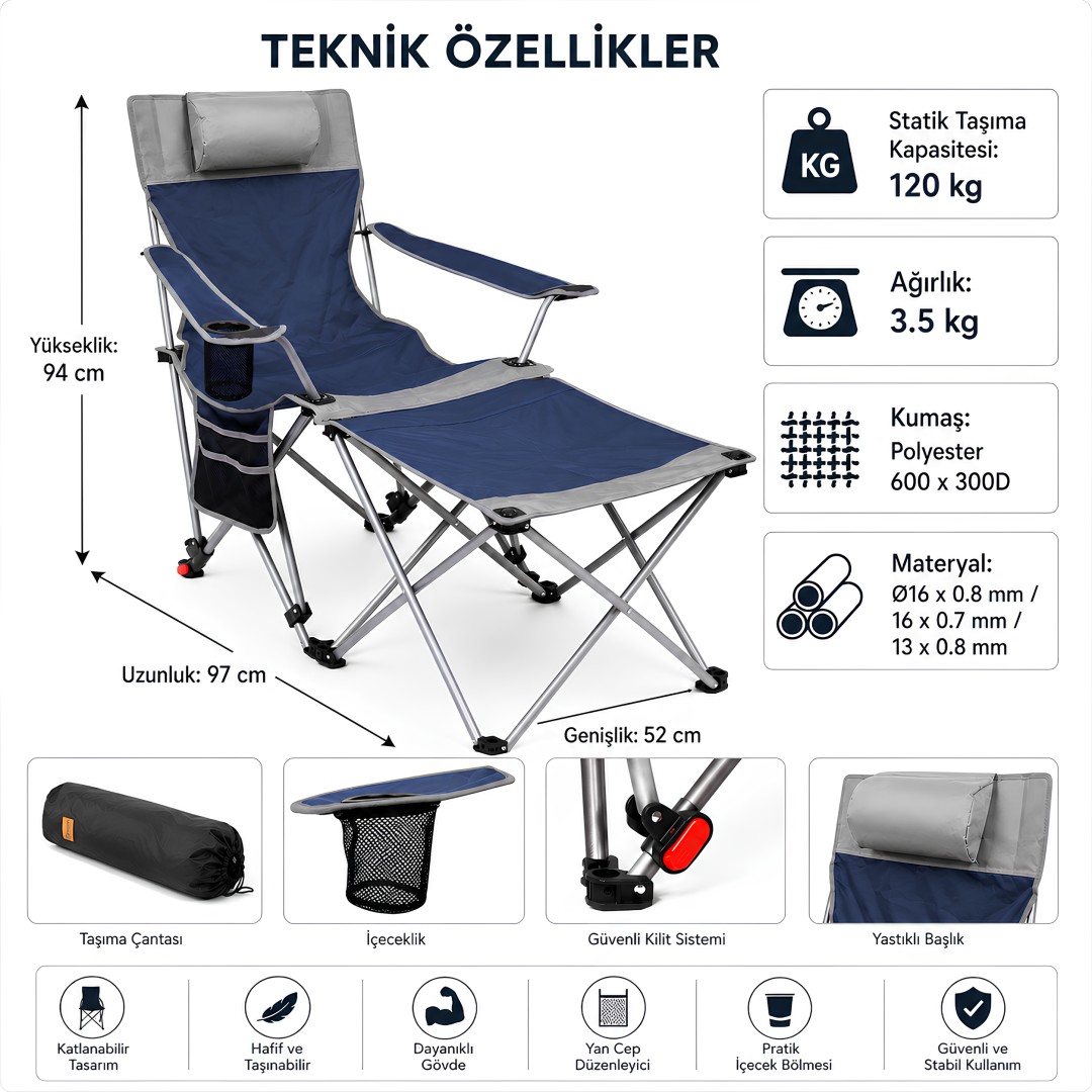FreeCamp FC-PHOENIX-205929-LCT Phoenix Katlanır Masalı Baş Destekli Sandalye özellikler