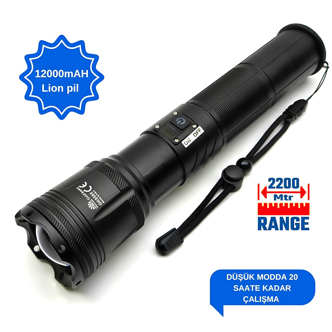 Gold Kama GK9585 150W Şarjlı Lazer LED El Feneri 15000 Lümen 12000 mAh Powerbank Zoomlu Profesyonel Fener özellikleri