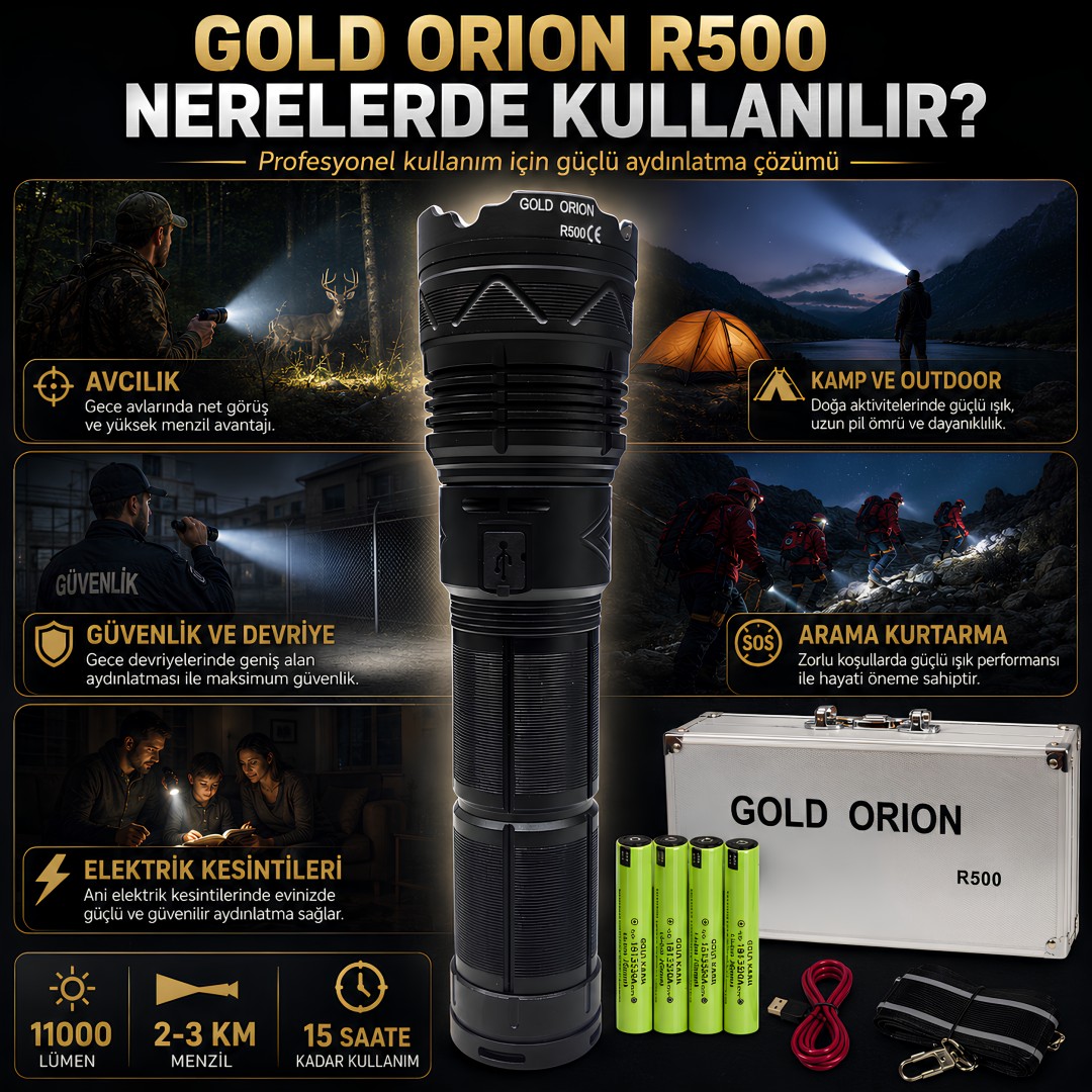 Gold Orion R500 11000 Lümen Ultra Güçlü El Feneri Full Set kullanım alanları