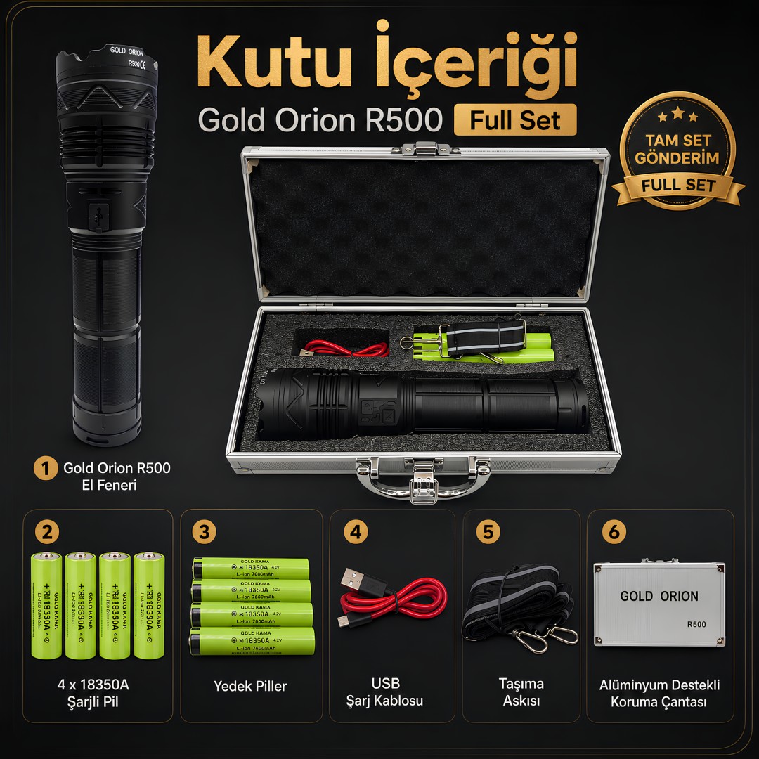 Gold Orion R500 11000 Lümen Ultra Güçlü El Feneri Full Set kutu içeriği