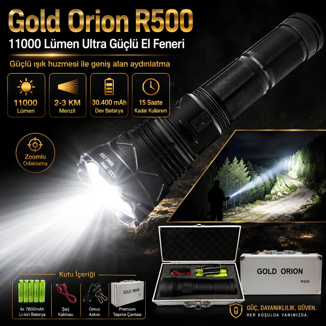Gold Orion GO-R500 11000 Lümen Ultra Güçlü El Feneri Full Set model ve fiyatları