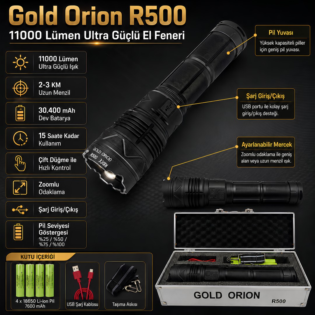 Gold Orion R500 11000 Lümen Ultra Güçlü El Feneri Full Set özellikleri