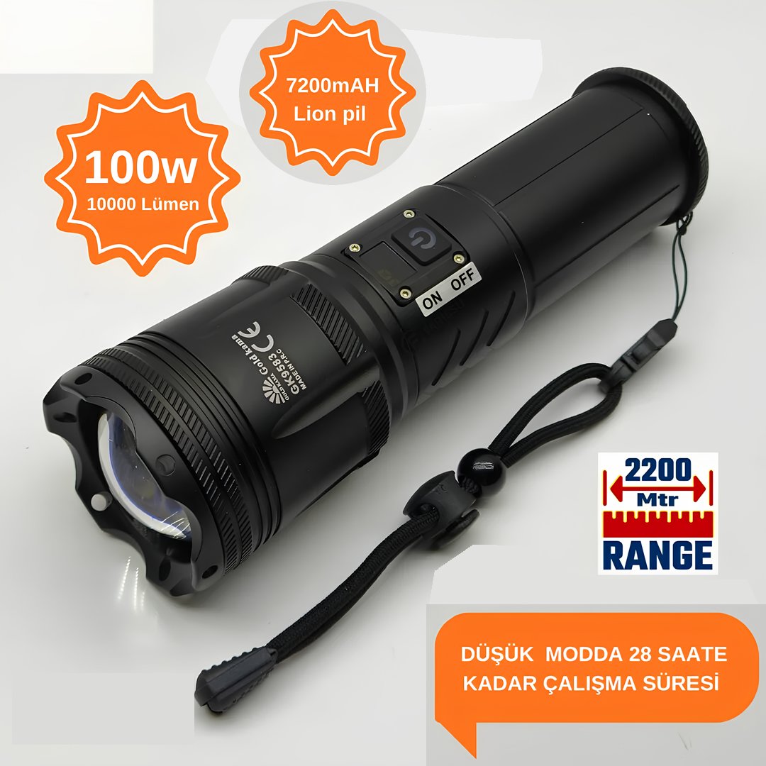 GoldKama GK9583 100W Lazer LED El Feneri - 2200 Metre Menzil, 7200mAh Powerbank Özellikli, Dijital Göstergeli ve 5 Modlu Profesyonel Fener model ve fiyatlar