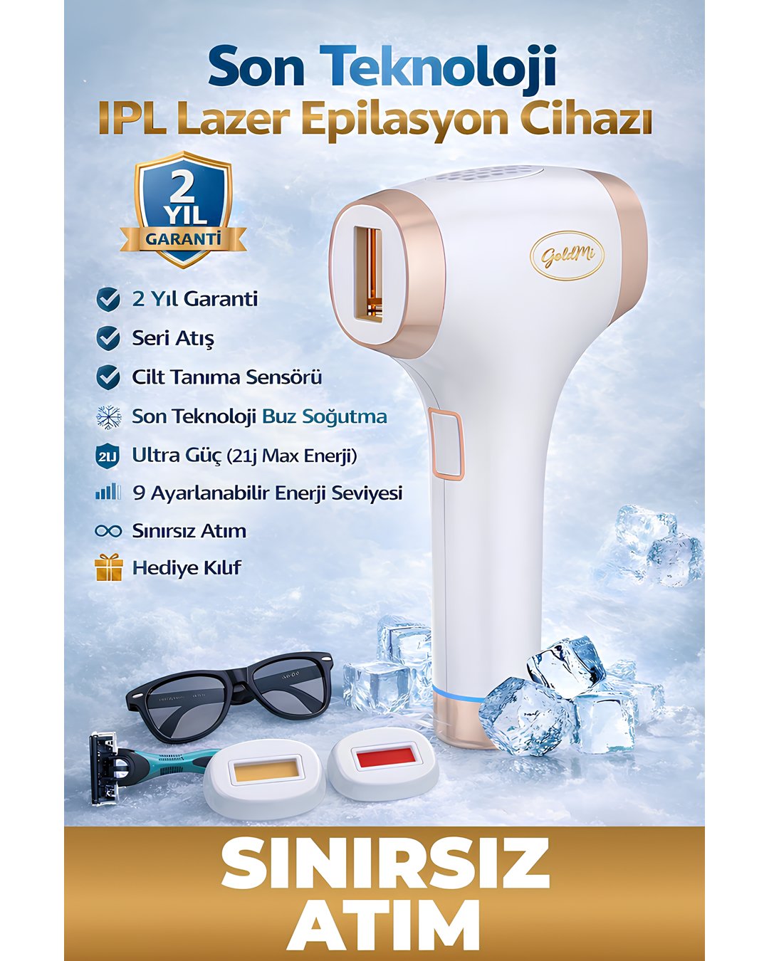 GoldMi IPL01 Buz Lazer Epilasyon Cihazı 21J | Sınırsız Atım, ICE Soğutma, Cilt Gençleştirme model ve fiyatları