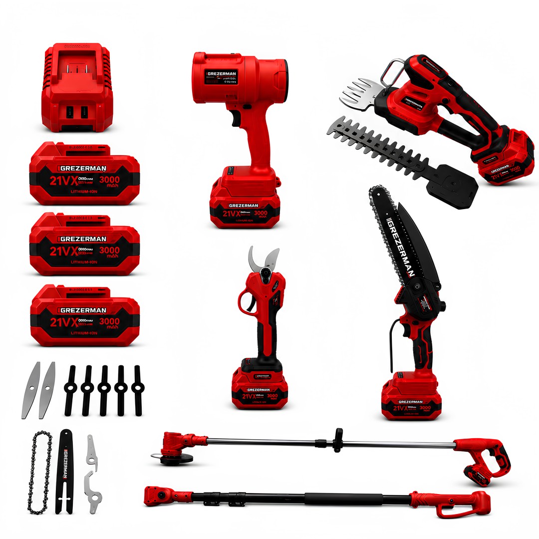 Grezerman HKT-1230-K Kırmızı 6lı Bahçe Seti - Dijital Göstergeli Ot Biçme, Çit Budama, Testere, Budama Makası, Üfleme, Uzatma Kolu