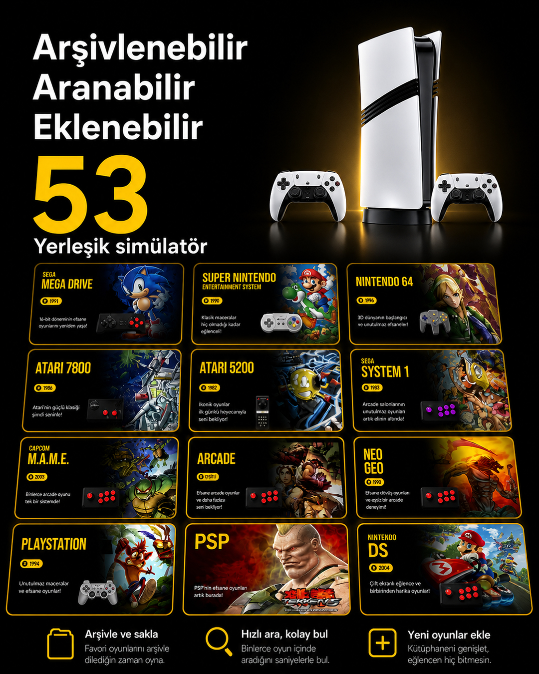 Gs5 Pro Kablosuz Çift Kol Yeni Nesil Oyun Konsolu Uyumlu 4k-hdmı 53 Emulatör 20000 Oyunlu 2.4g Gaming Atari içerik