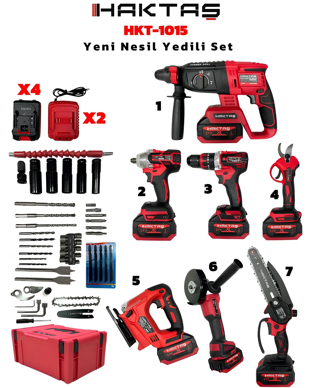 Haktaş HKT1015 Yeni Nesil Kırmızı 7li Şarjlı Vidalama Matkap Seti 21V 3ah (Kırıcı Delici, Somun Sıkma, Vidalama, Dal Budama Makası, Dekupaj, Avuç Taşlama, Dal Testeresi) model ve fiyatlar