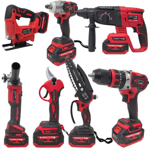 Haktaş HKT1015 Yeni Nesil Kırmızı 7li Şarjlı Vidalama Matkap Seti 21V 3ah (Kırıcı Delici, Somun Sıkma, Vidalama, Dal Budama Makası, Dekupaj, Avuç Taşlama, Dal Testeresi)