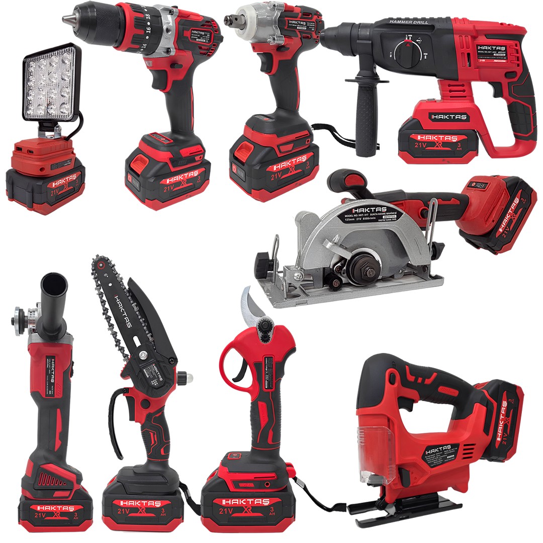 Haktaş HKT1020 Yeni Nesil Kırmızı 9lu Şarjlı Vidalama Matkap Seti 21V 3ah (Kırıcı Delici, Somun Sıkma, Vidalama, Dal Budama Makası, Led Işık, Avuç Taşlama, Dekupaj, Sunta Kesme, Dal Testeresi)